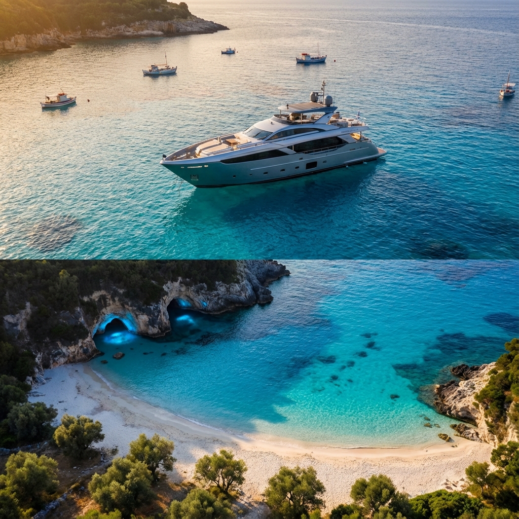 Private yacht anchored at Voutoumi Beach Antipaxos, Blue Caves boat tour Corfu