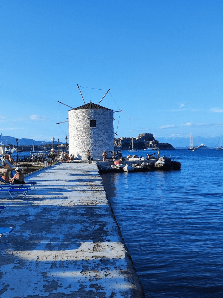 The Anemomylos Windmill in Corfu Town is a historic Venetian windmill located near Garitsa Bay. Definitely, you can refresh your body there into the beautiful ionian sea :) 